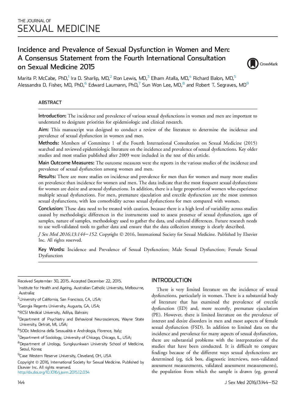 Incidence and Prevalence of Sexual Dysfunction in Women and Men: A Consensus Statement from the Fourth International Consultation on Sexual Medicine 2015 