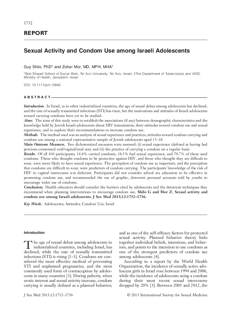 Sexual Activity and Condom Use among Israeli Adolescents