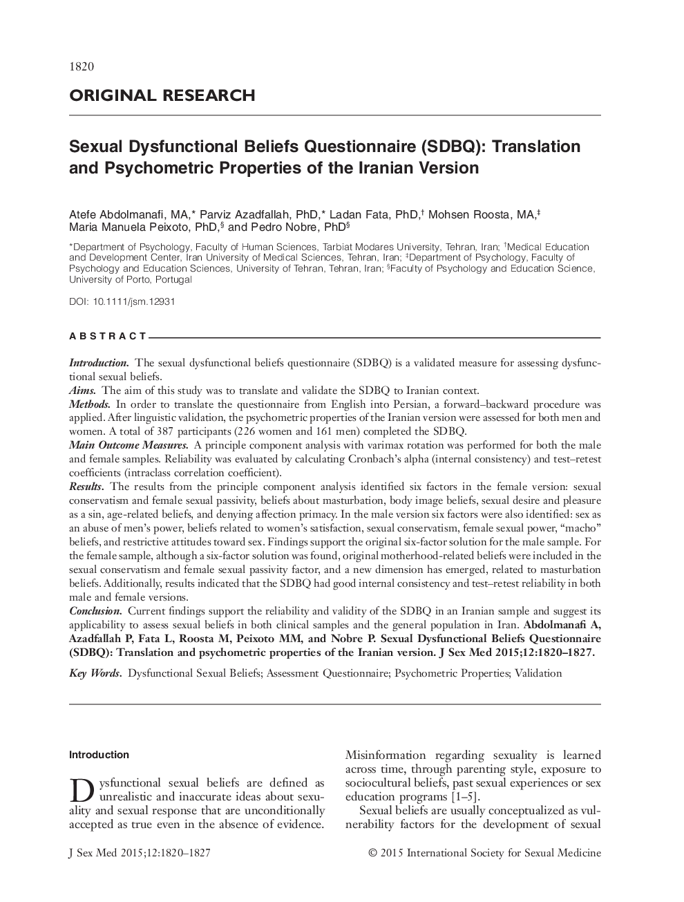 Sexual Dysfunctional Beliefs Questionnaire (SDBQ): Translation and Psychometric Properties of the Iranian Version