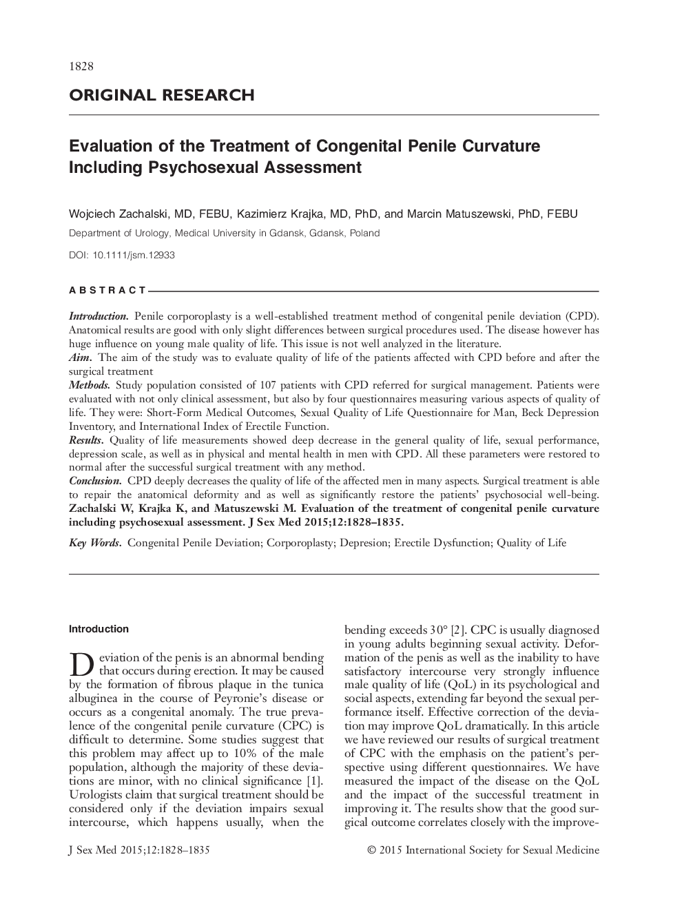 Evaluation of the Treatment of Congenital Penile Curvature Including Psychosexual Assessment