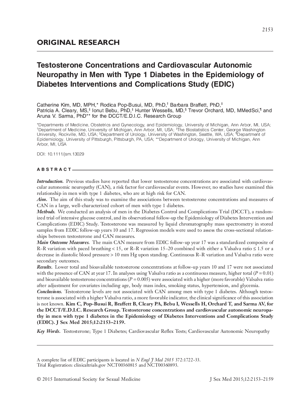 Testosterone Concentrations and Cardiovascular Autonomic Neuropathy in Men with Type 1 Diabetes in the Epidemiology of Diabetes Interventions and Complications Study (EDIC)