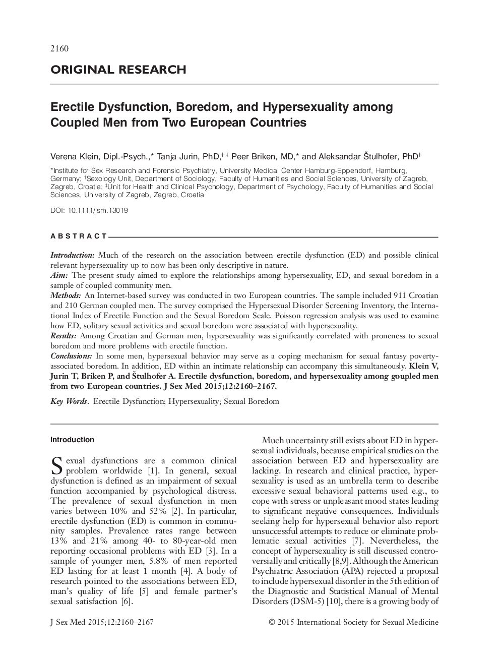 Erectile Dysfunction, Boredom, and Hypersexuality among Coupled Men from Two European Countries