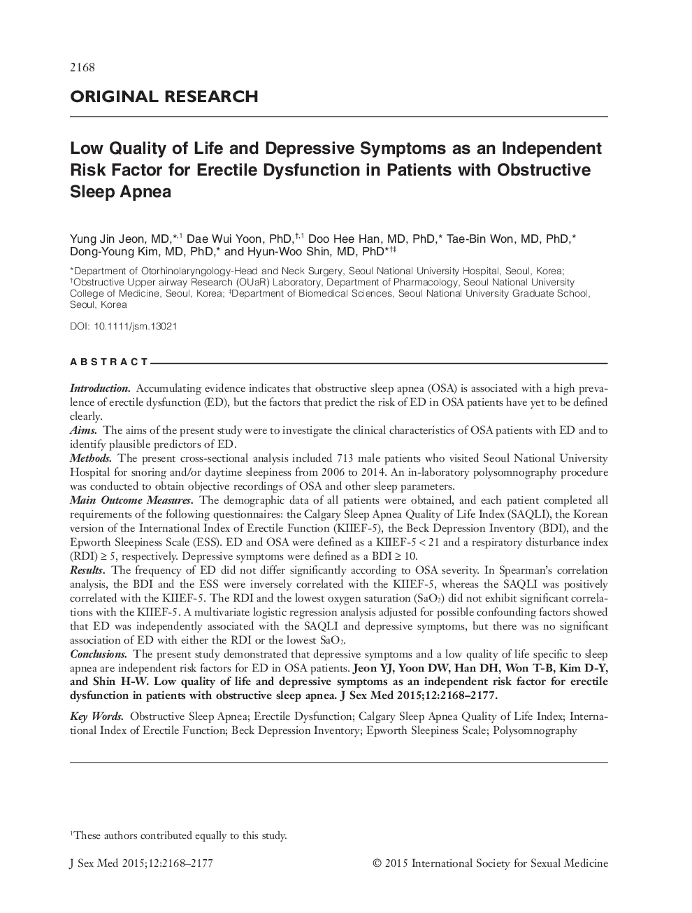 کیفیت پایین زندگی و علائم افسردگی به عنوان یک عامل خطر مستقل برای اختلال نعوظ در بیماران مبتلا به آپنه انسدادی خواب 