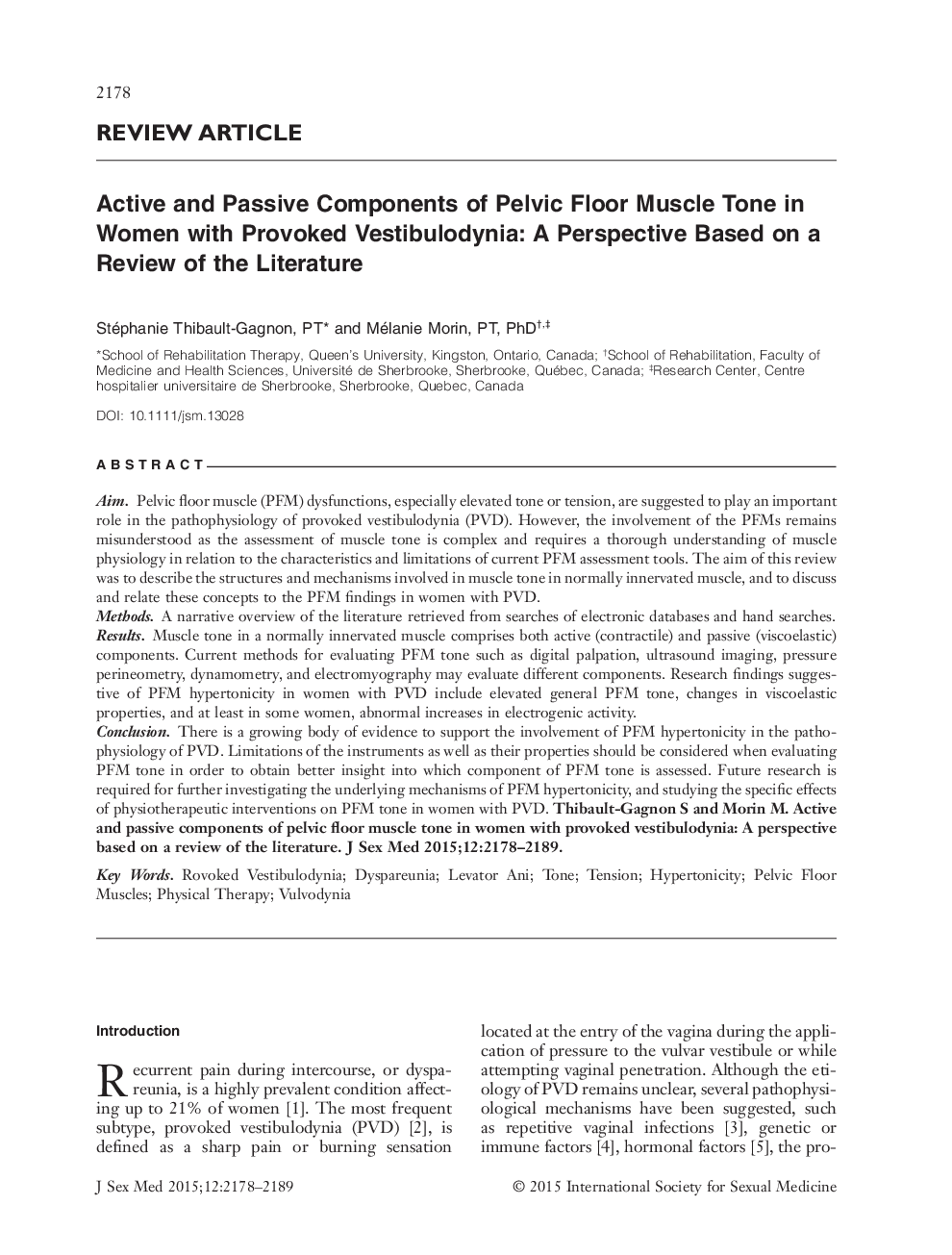 Active and Passive Components of Pelvic Floor Muscle Tone in Women with Provoked Vestibulodynia: A Perspective Based on a Review of the Literature