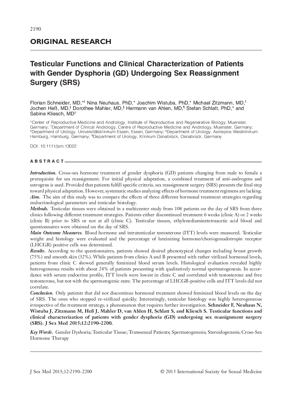 Testicular Functions and Clinical Characterization of Patients with Gender Dysphoria (GD) Undergoing Sex Reassignment Surgery (SRS)