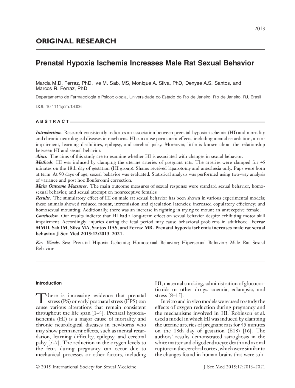 Prenatal Hypoxia Ischemia Increases Male Rat Sexual Behavior