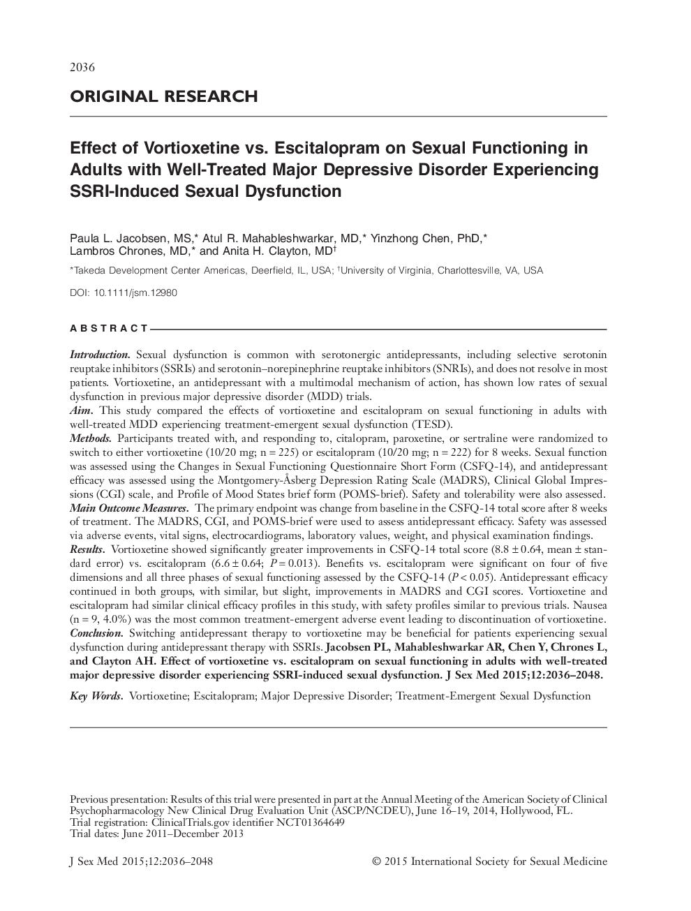 Effect of Vortioxetine vs. Escitalopram on Sexual Functioning in Adults with Well-Treated Major Depressive Disorder Experiencing SSRI-Induced Sexual Dysfunction