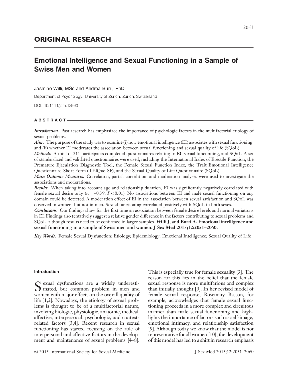 Emotional Intelligence and Sexual Functioning in a Sample of Swiss Men and Women