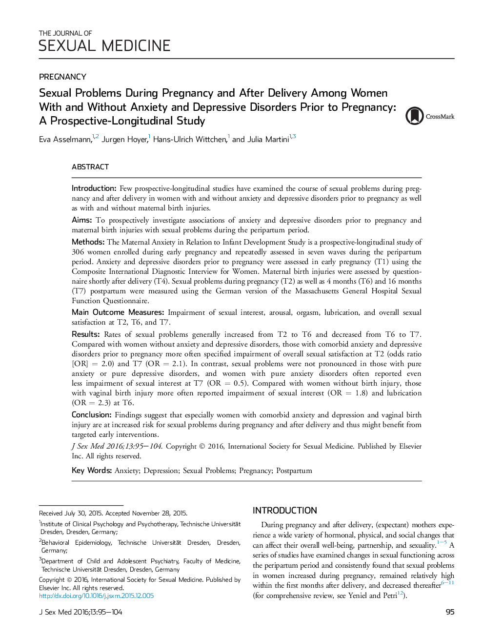 مشکلات جنسی در دوران بارداری و پس از زایمان در زنان بدون و بدون اضطراب و اختلالات افسردگی قبل از بارداری: یک مطالعه دراز مدت و طولی 