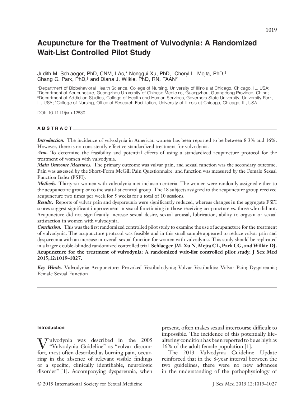 Acupuncture for the Treatment of Vulvodynia: A Randomized Wait-List Controlled Pilot Study