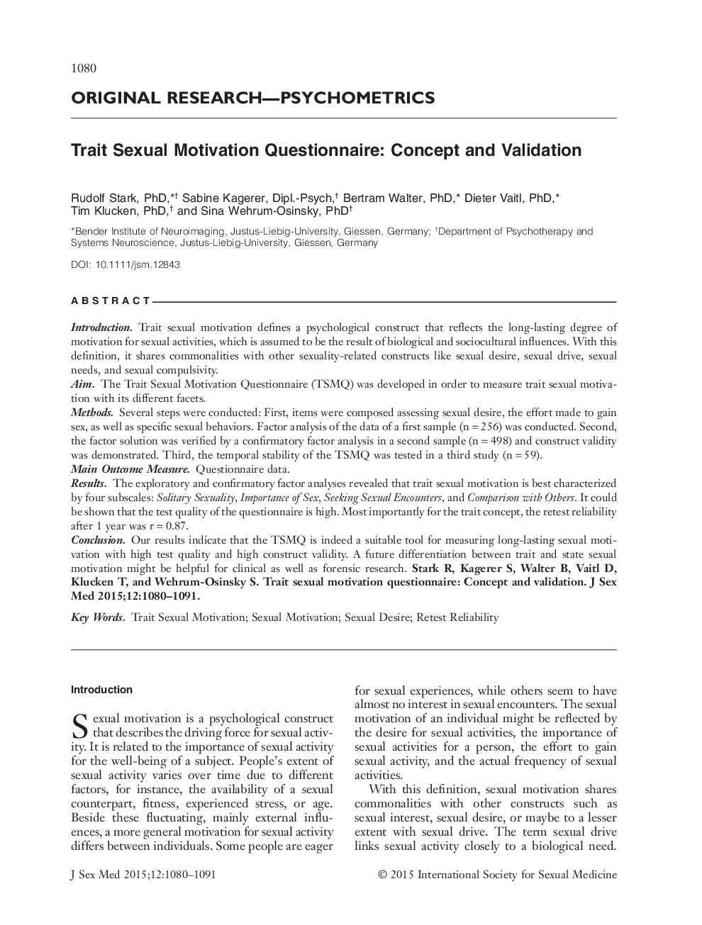 Trait Sexual Motivation Questionnaire: Concept and Validation