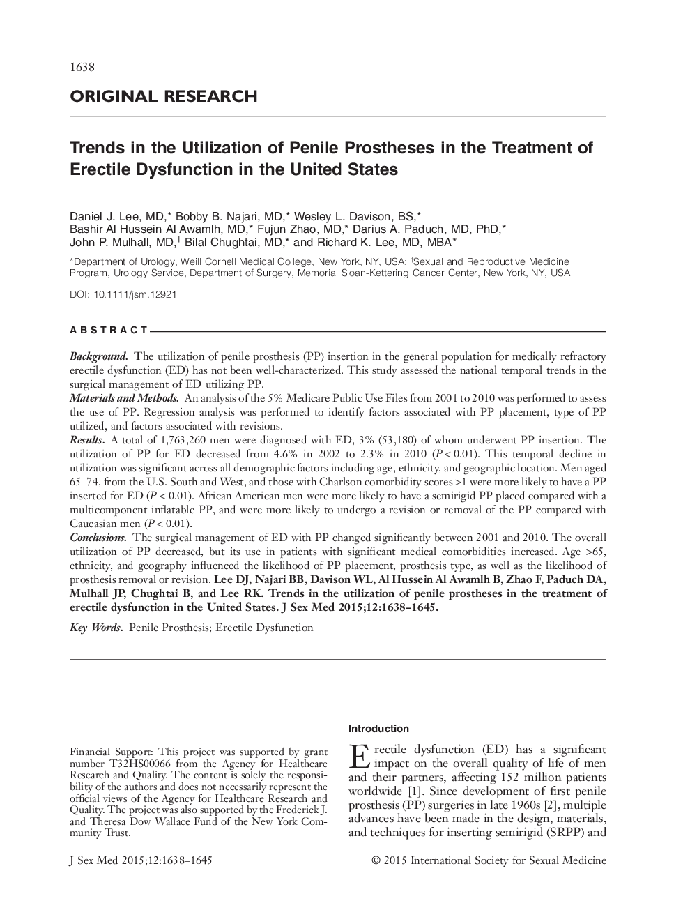 Trends in the Utilization of Penile Prostheses in the Treatment of Erectile Dysfunction in the United States