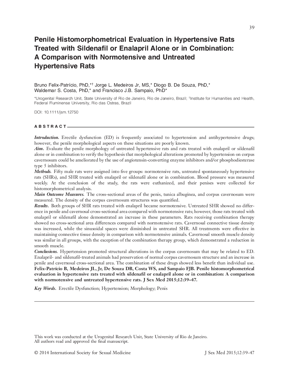 Penile Histomorphometrical Evaluation in Hypertensive Rats Treated with Sildenafil or Enalapril Alone or in Combination: A Comparison with Normotensive and Untreated Hypertensive Rats 