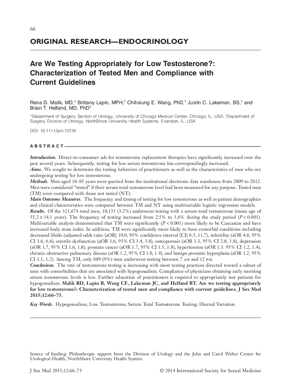 Are We Testing Appropriately for Low Testosterone?: Characterization of Tested Men and Compliance with Current Guidelines