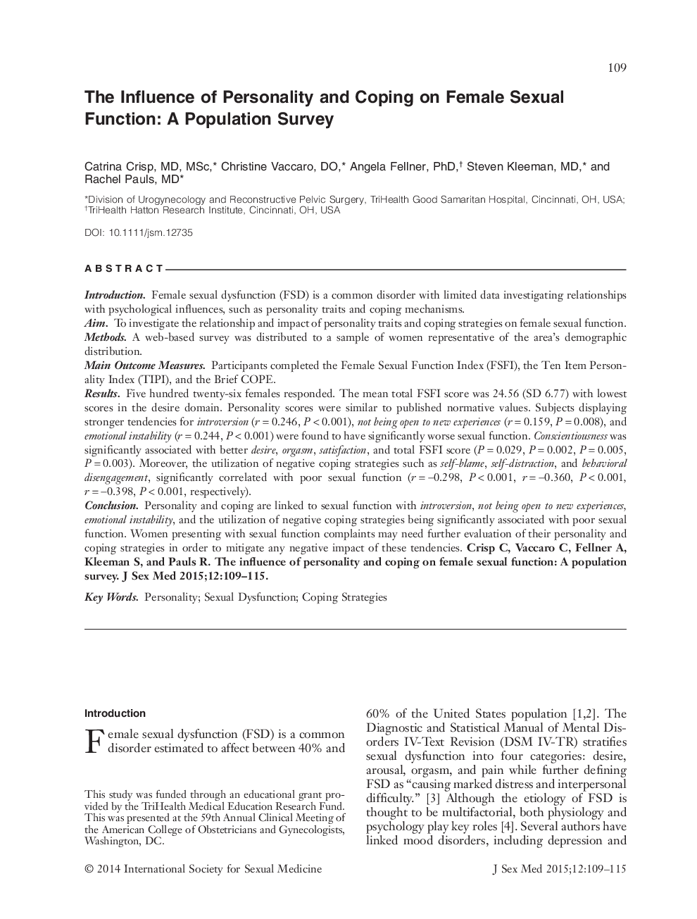 The Influence of Personality and Coping on Female Sexual Function: A Population Survey