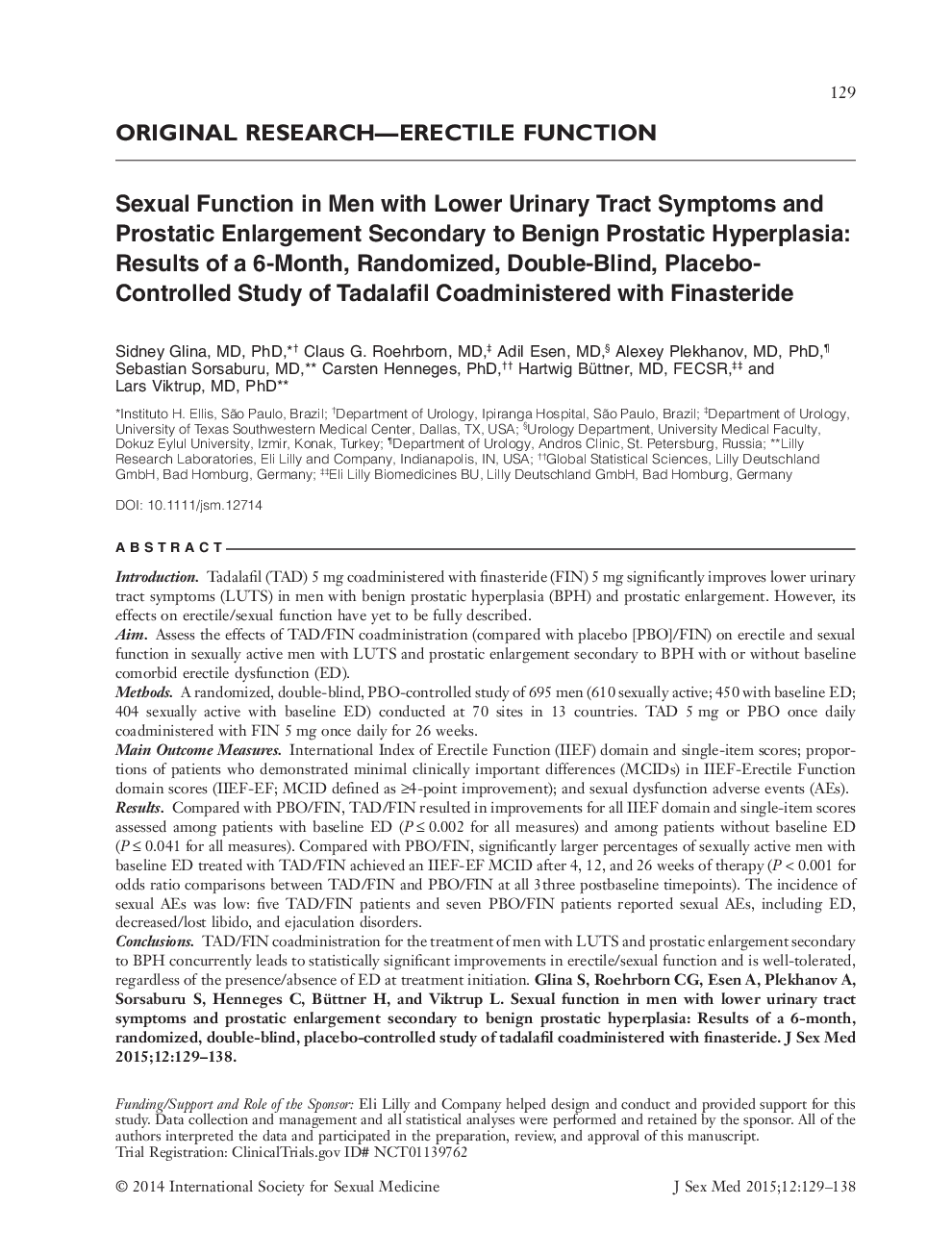 Sexual Function in Men with Lower Urinary Tract Symptoms and Prostatic Enlargement Secondary to Benign Prostatic Hyperplasia: Results of a 6‐Month, Randomized, Double‐Blind, Placebo‐Controlled Study of Tadalafil Coadministered with Finasteride 