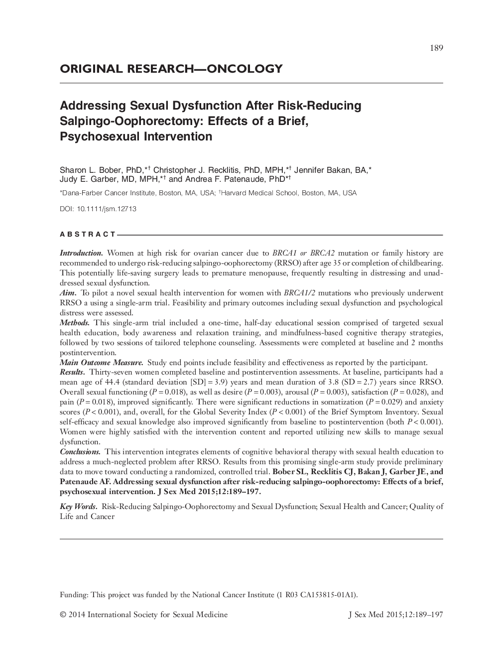 Addressing Sexual Dysfunction After Risk‐Reducing Salpingo‐Oophorectomy: Effects of a Brief, Psychosexual Intervention 
