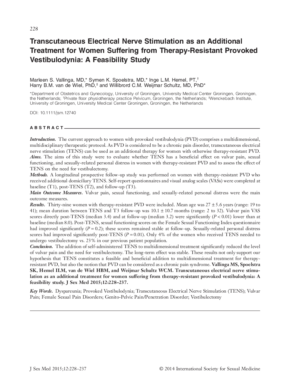 Transcutaneous Electrical Nerve Stimulation as an Additional Treatment for Women Suffering from Therapy‐Resistant Provoked Vestibulodynia: A Feasibility Study 