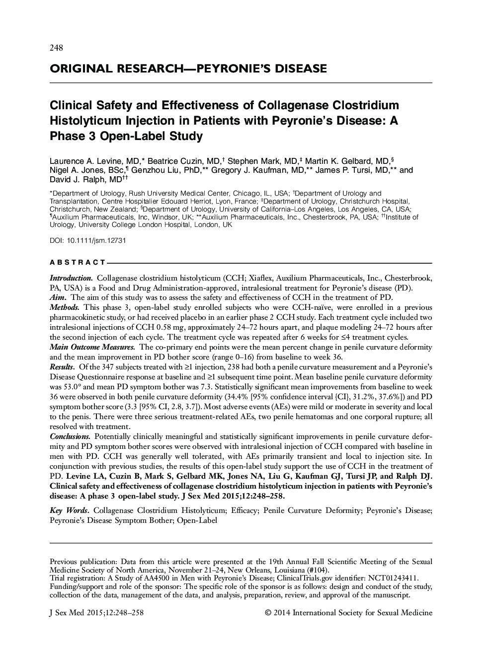 Clinical Safety and Effectiveness of Collagenase Clostridium Histolyticum Injection in Patients with Peyronie's Disease: A Phase 3 Open‐Label Study 