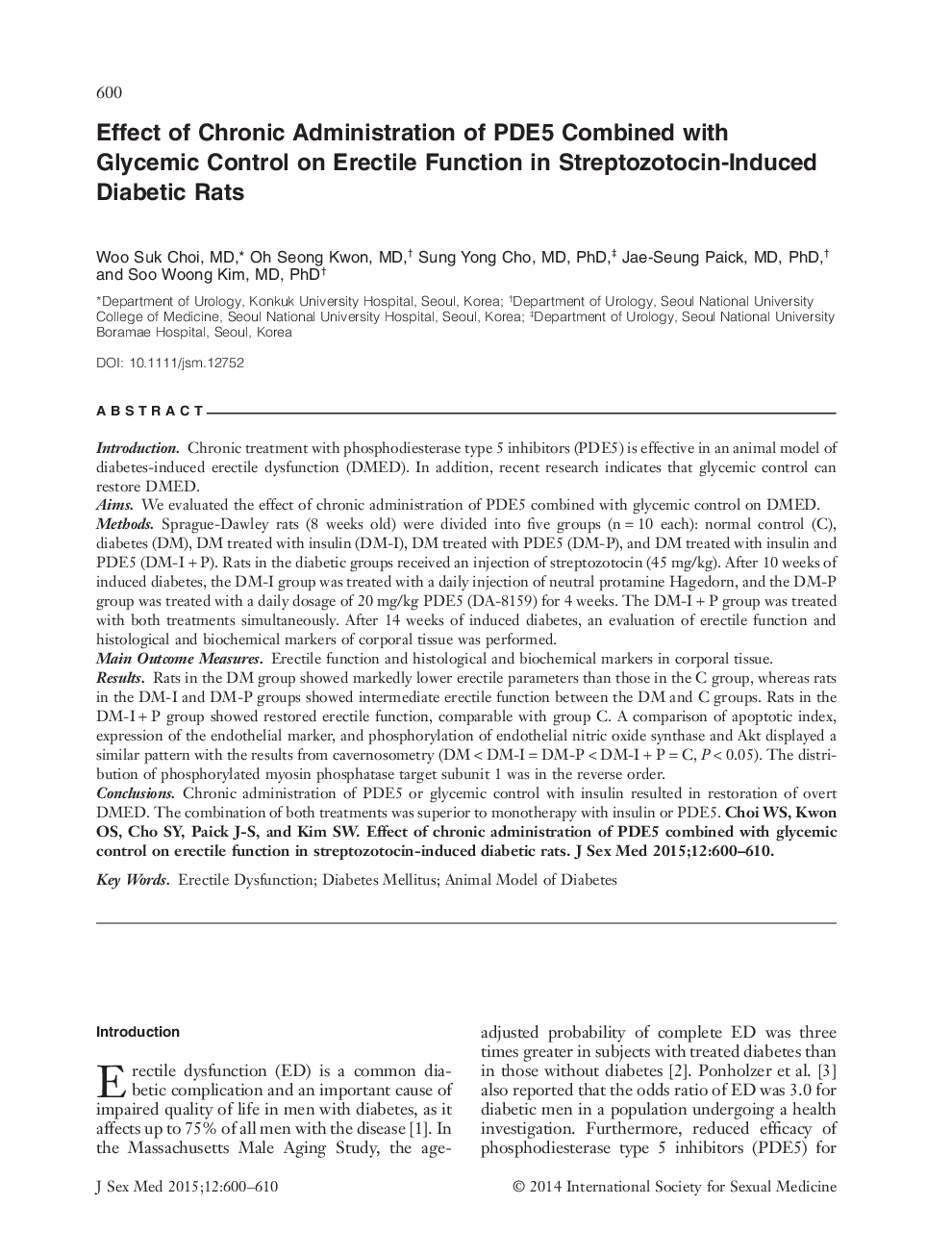 Effect of Chronic Administration of PDE5 Combined with Glycemic Control on Erectile Function in Streptozotocin‐Induced Diabetic Rats 