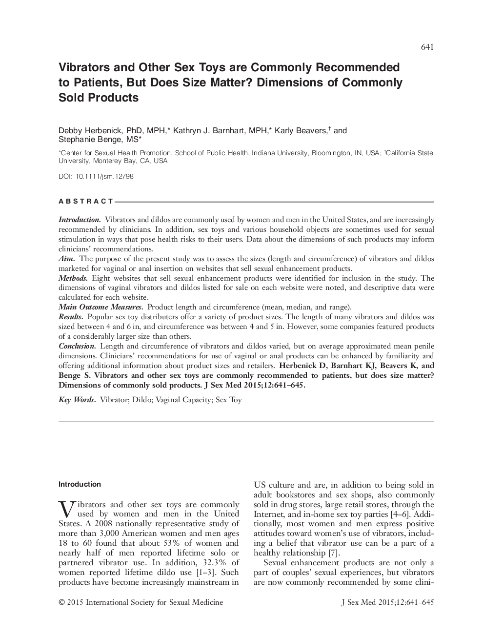 Vibrators and Other Sex Toys are Commonly Recommended to Patients, But Does Size Matter? Dimensions of Commonly Sold Products 