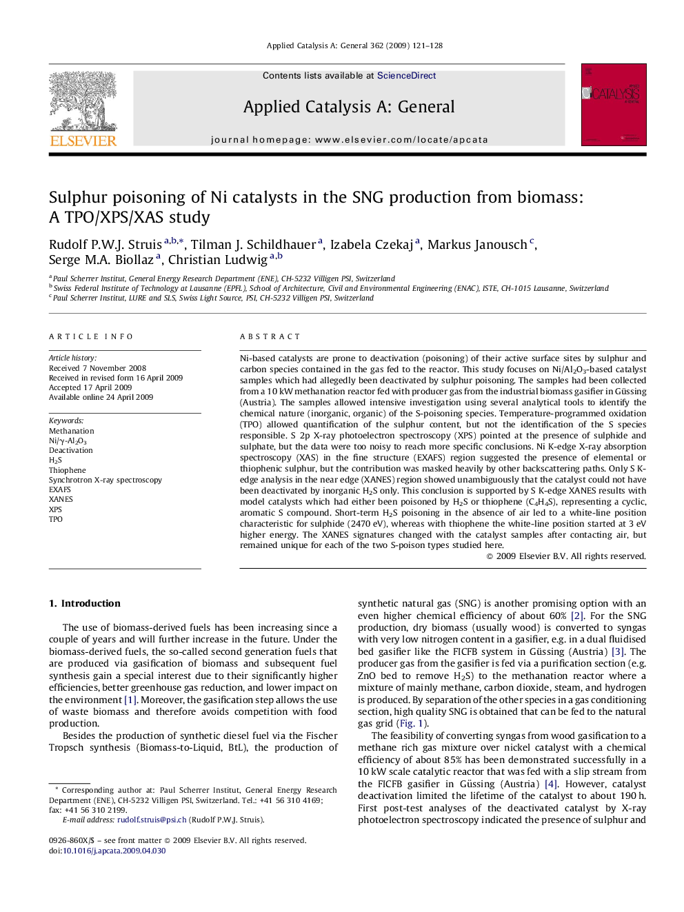 Sulphur poisoning of Ni catalysts in the SNG production from biomass: A TPO/XPS/XAS study