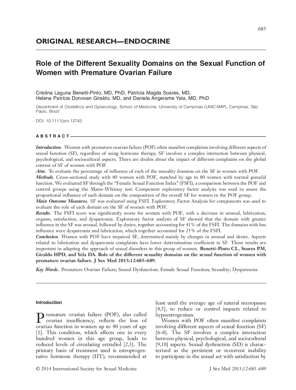 Role of the Different Sexuality Domains on the Sexual Function of Women with Premature Ovarian Failure 