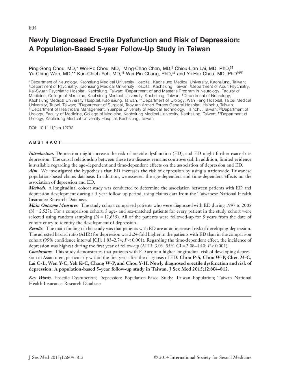 Newly Diagnosed Erectile Dysfunction and Risk of Depression: A Population‐Based 5‐year Follow‐Up Study in Taiwan 