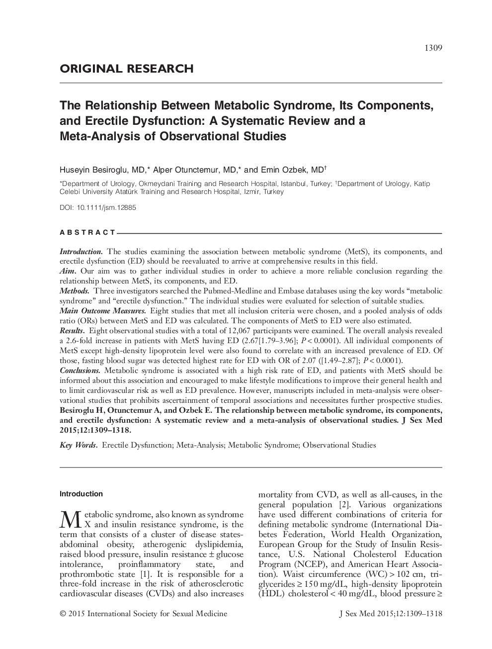 رابطه بین سندرم متابولیک، اجزای آن و اختلال نعوظ: یک بررسی منظم و یک متاآنالیز مطالعات مشاهداتی 