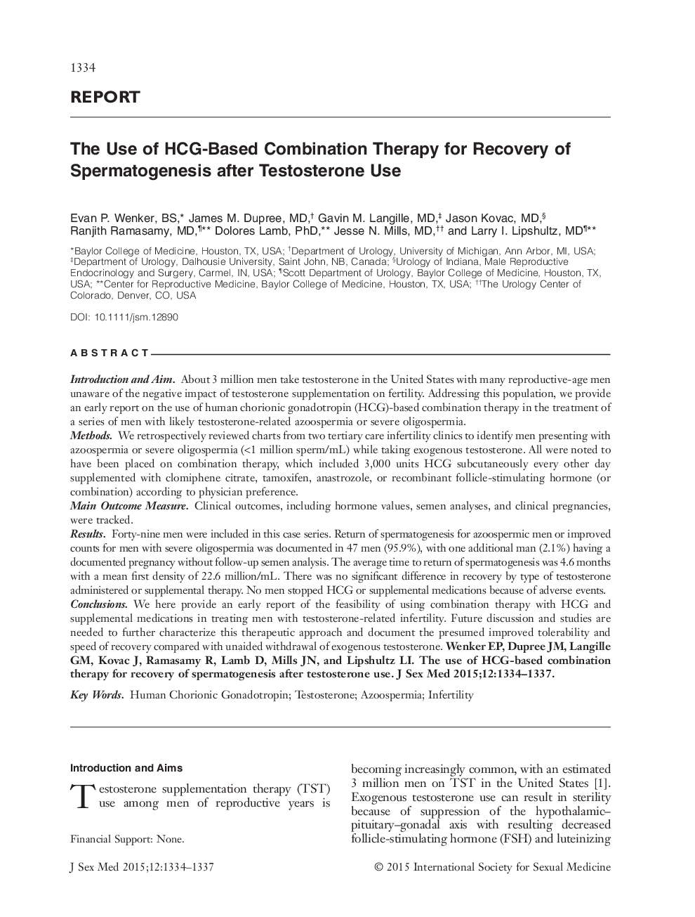 The Use of HCG-Based Combination Therapy for Recovery of Spermatogenesis after Testosterone Use 