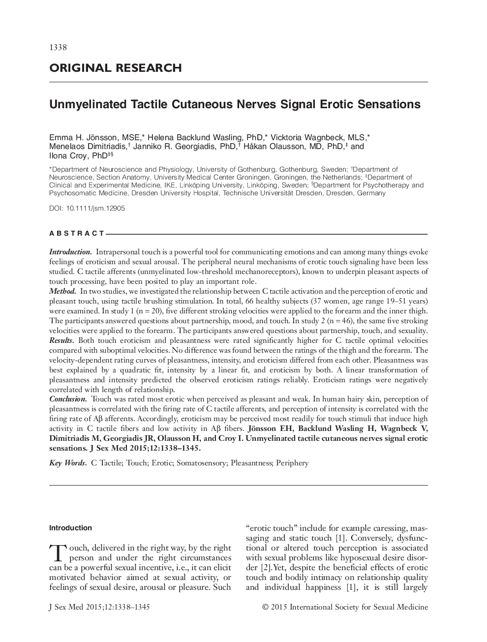 Unmyelinated Tactile Cutaneous Nerves Signal Erotic Sensations 