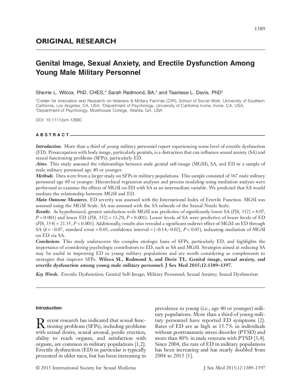 Genital Image, Sexual Anxiety, and Erectile Dysfunction Among Young Male Military Personnel 