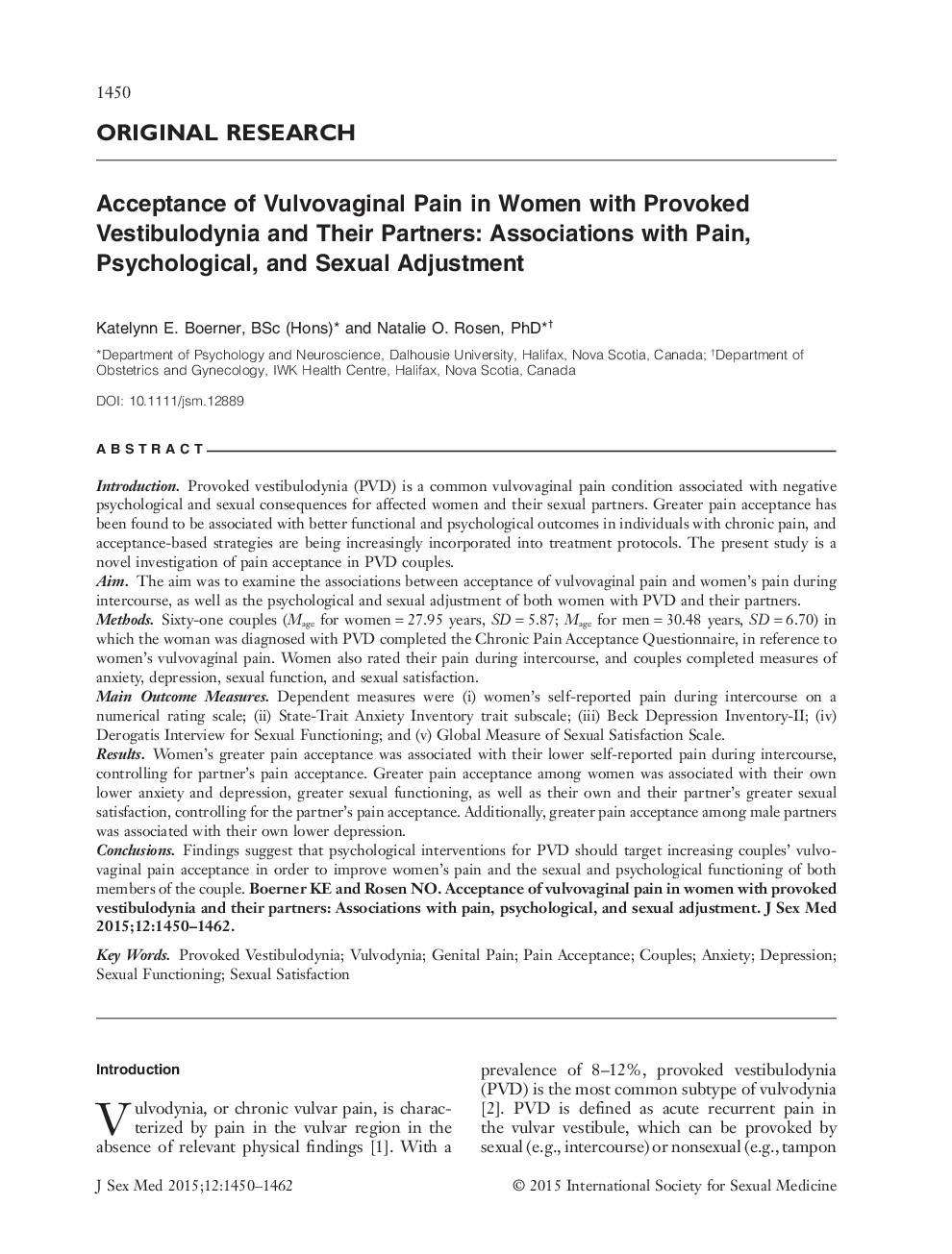 Acceptance of Vulvovaginal Pain in Women with Provoked Vestibulodynia and Their Partners: Associations with Pain, Psychological, and Sexual Adjustment 