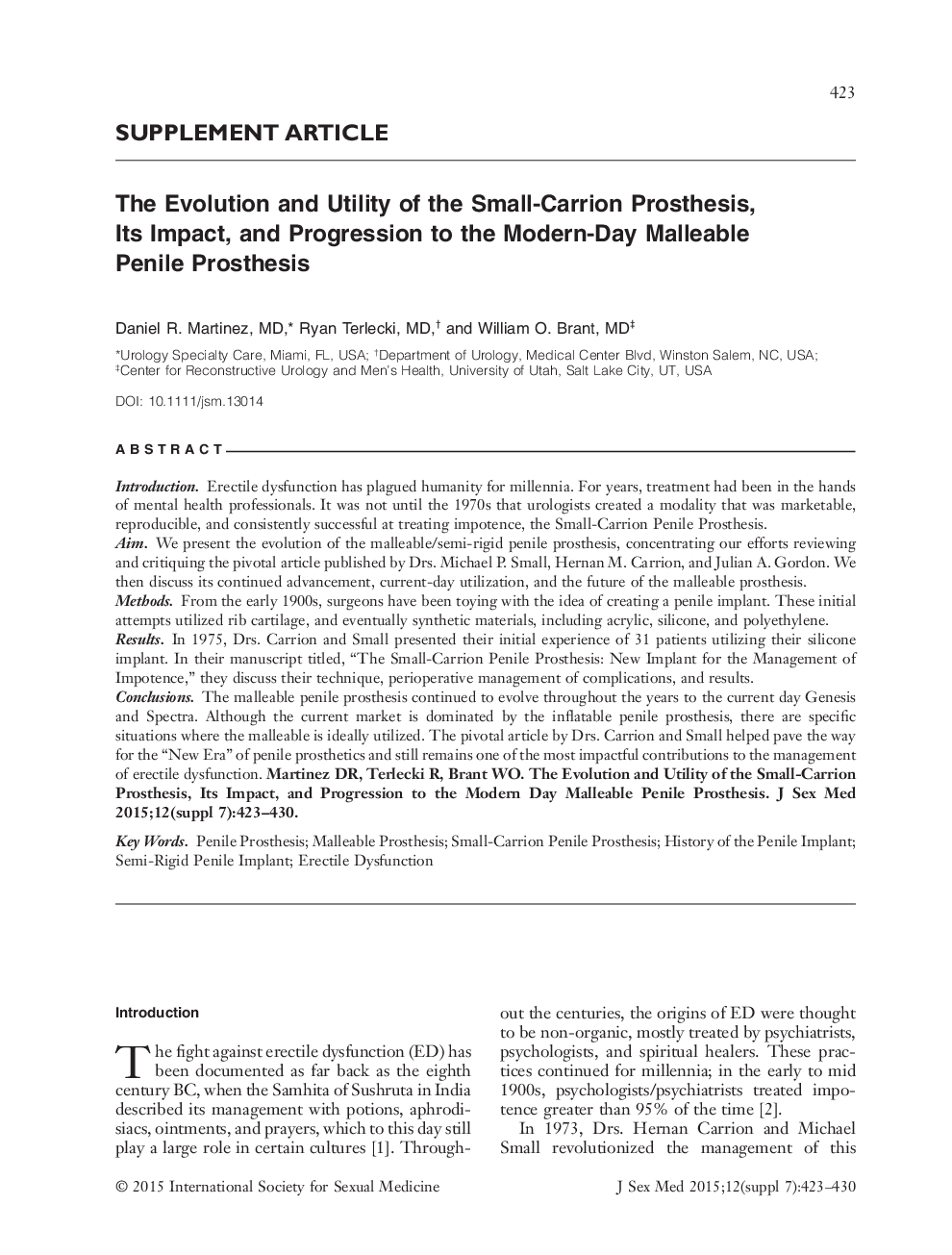 The Evolution and Utility of the Small-Carrion Prosthesis, Its Impact, and Progression to the Modern-Day Malleable Penile Prosthesis