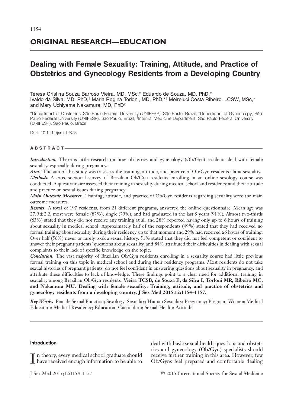 Dealing with Female Sexuality: Training, Attitude, and Practice of Obstetrics and Gynecology Residents from a Developing Country 