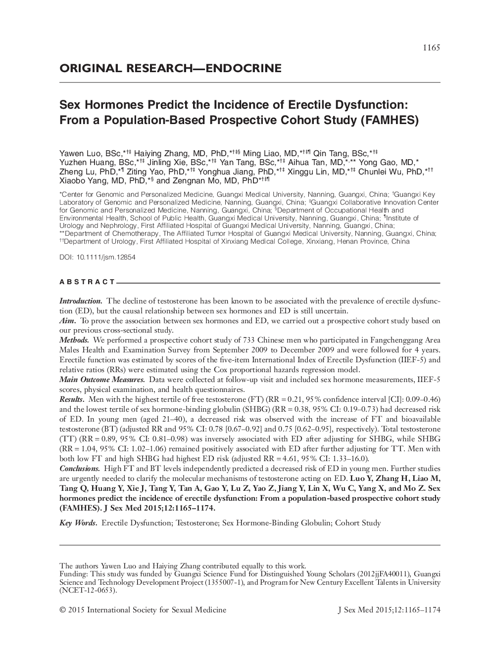 Sex Hormones Predict the Incidence of Erectile Dysfunction: From a Population-Based Prospective Cohort Study (FAMHES) 