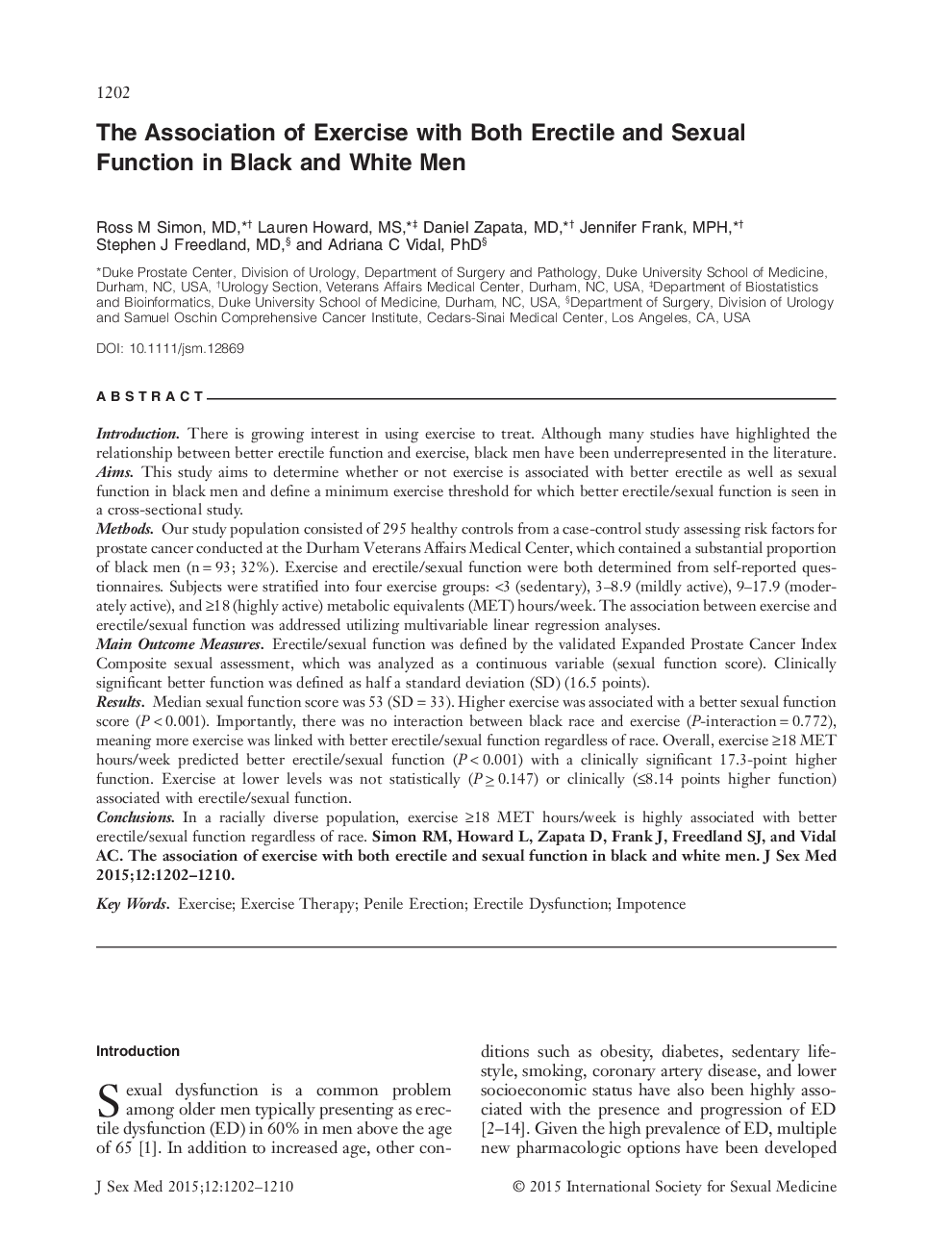 The Association of Exercise with Both Erectile and Sexual Function in Black and White Men