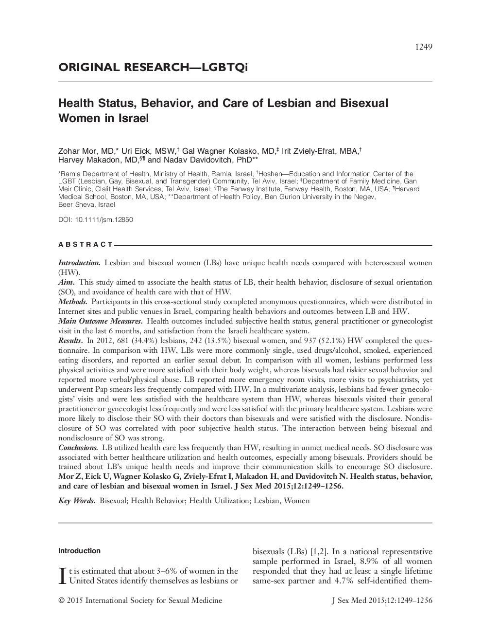 Health Status, Behavior, and Care of Lesbian and Bisexual Women in Israel 