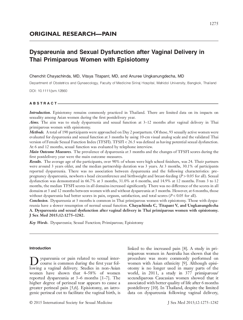 Dyspareunia and Sexual Dysfunction after Vaginal Delivery in Thai Primiparous Women with Episiotomy 