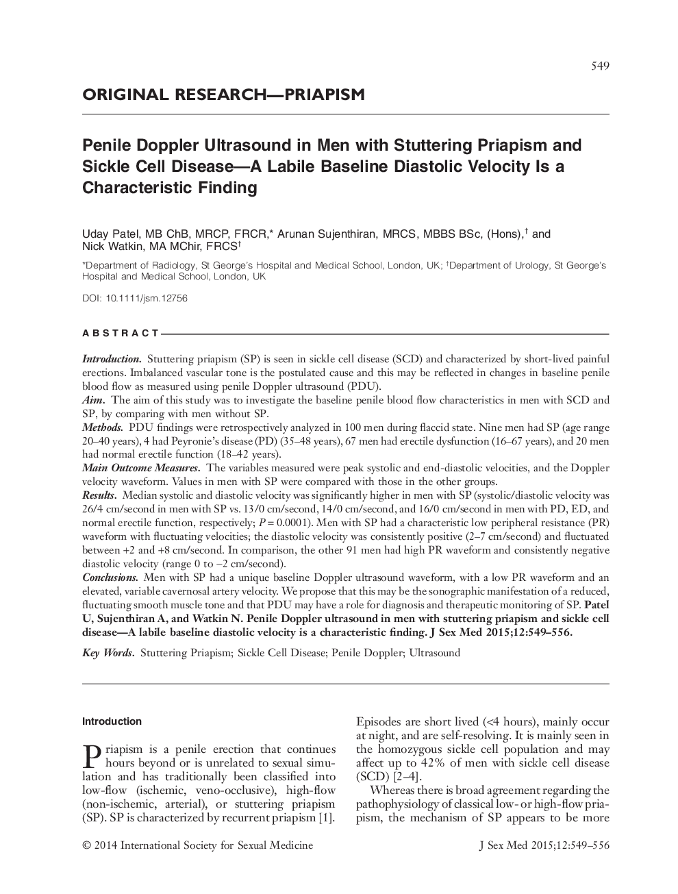 Penile Doppler Ultrasound in Men with Stuttering Priapism and Sickle Cell Disease—A Labile Baseline Diastolic Velocity Is a Characteristic Finding 