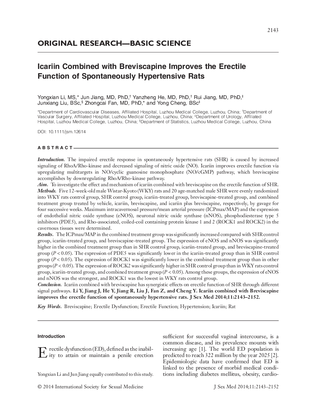 Icariin Combined with Breviscapine Improves the Erectile Function of Spontaneously Hypertensive Rats