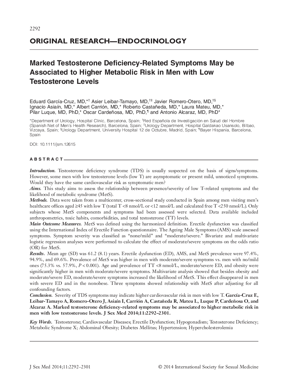 Marked Testosterone DeficiencyâRelated Symptoms May be Associated to Higher Metabolic Risk in Men with Low Testosterone Levels