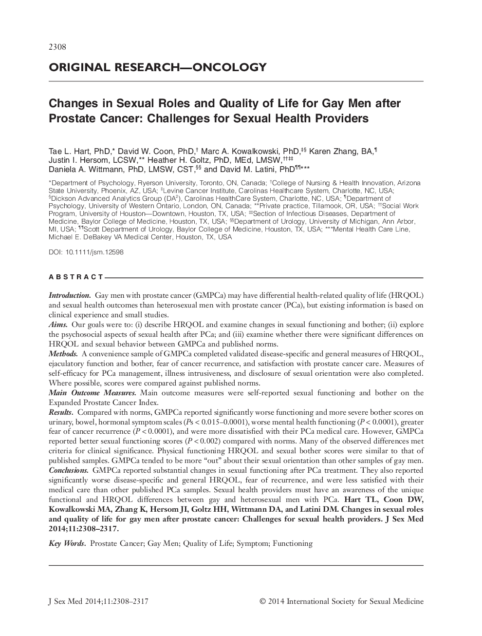 Changes in Sexual Roles and Quality of Life for Gay Men after Prostate Cancer: Challenges for Sexual Health Providers