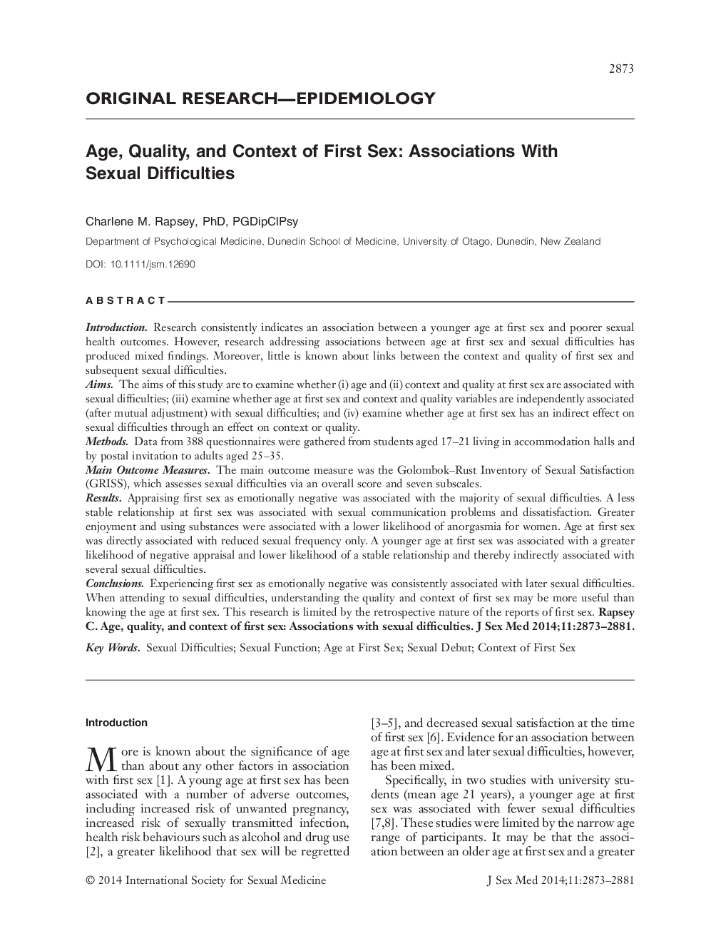 Age, Quality, and Context of First Sex: Associations With Sexual Difficulties 