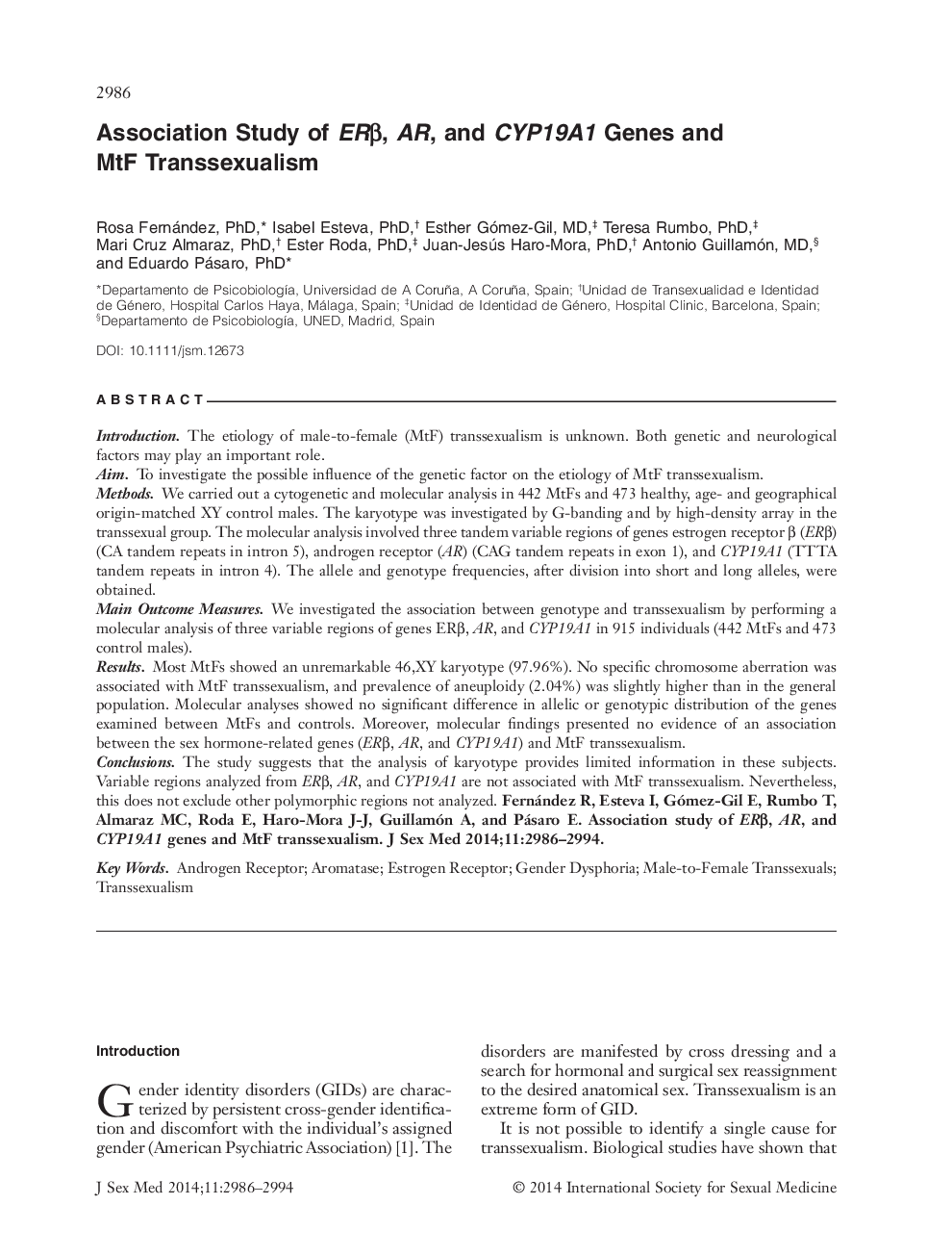 Association Study of ERβ, AR, and CYP19A1 Genes and MtF Transsexualism 