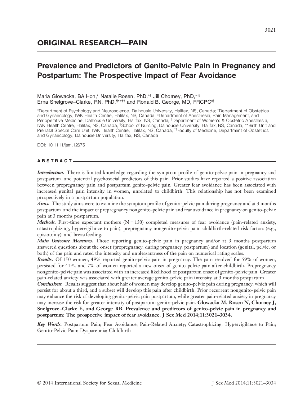 Prevalence and Predictors of Genito-Pelvic Pain in Pregnancy and Postpartum: The Prospective Impact of Fear Avoidance