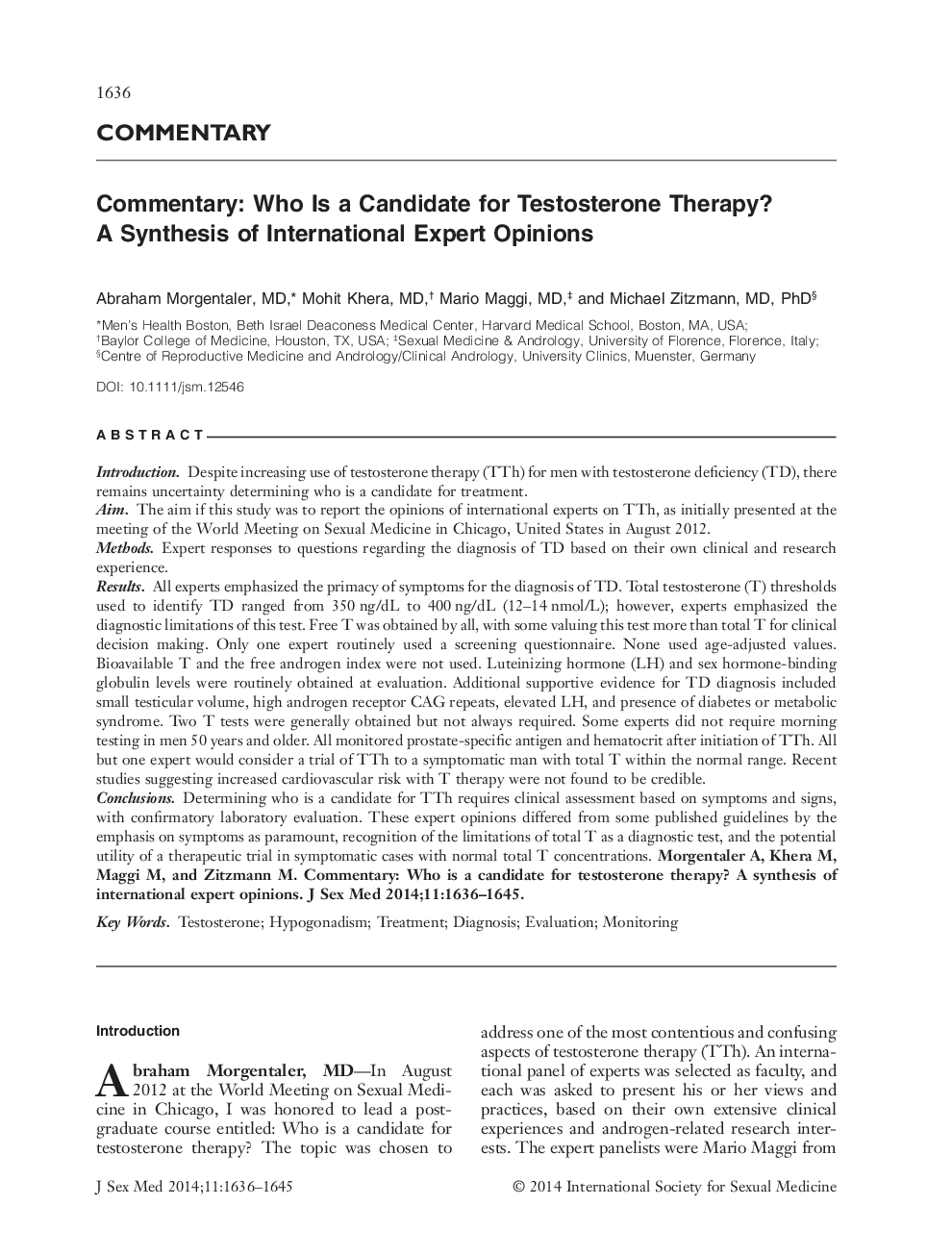 Commentary: Who Is a Candidate for Testosterone Therapy? A Synthesis of International Expert Opinions 