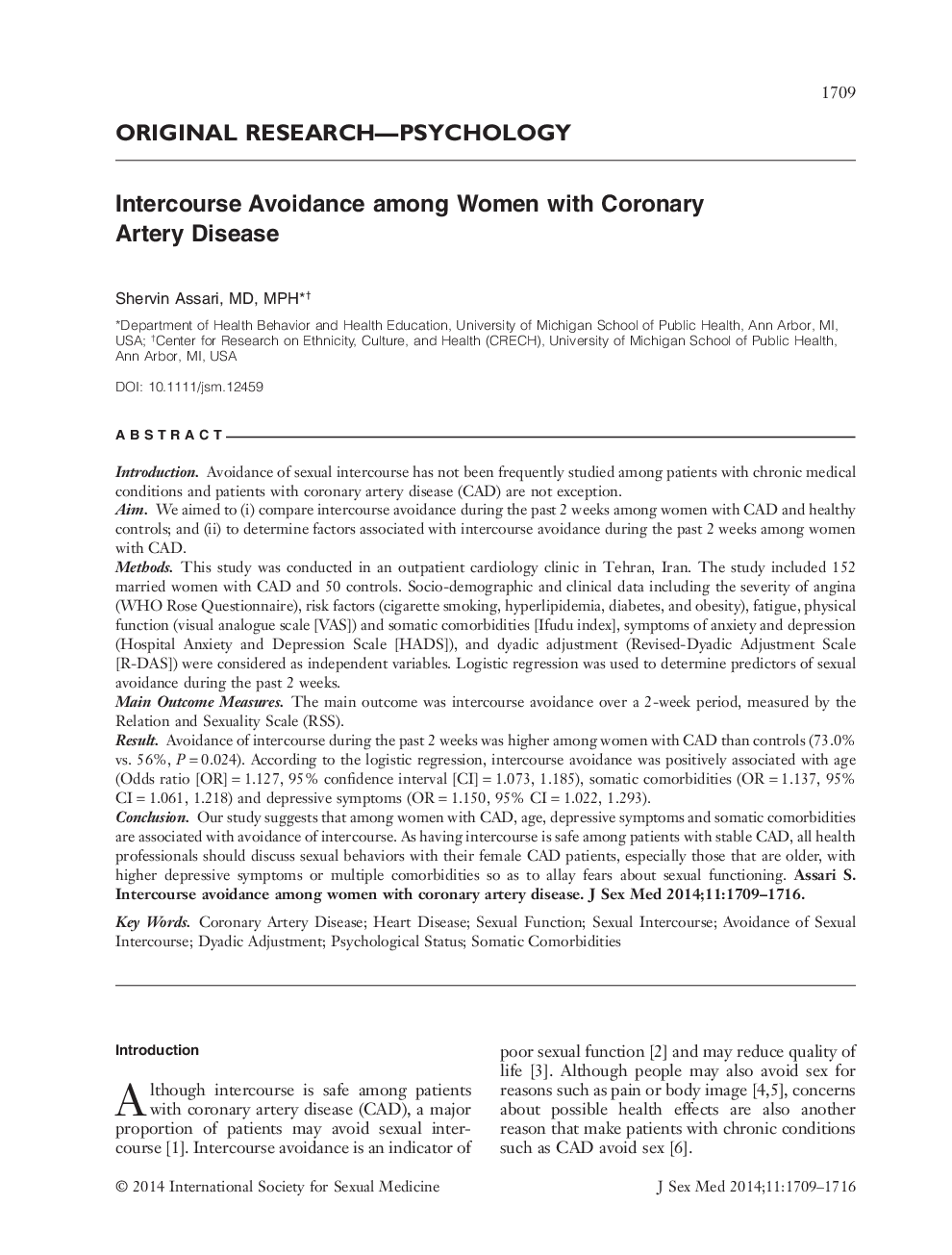 Intercourse Avoidance among Women with Coronary Artery Disease