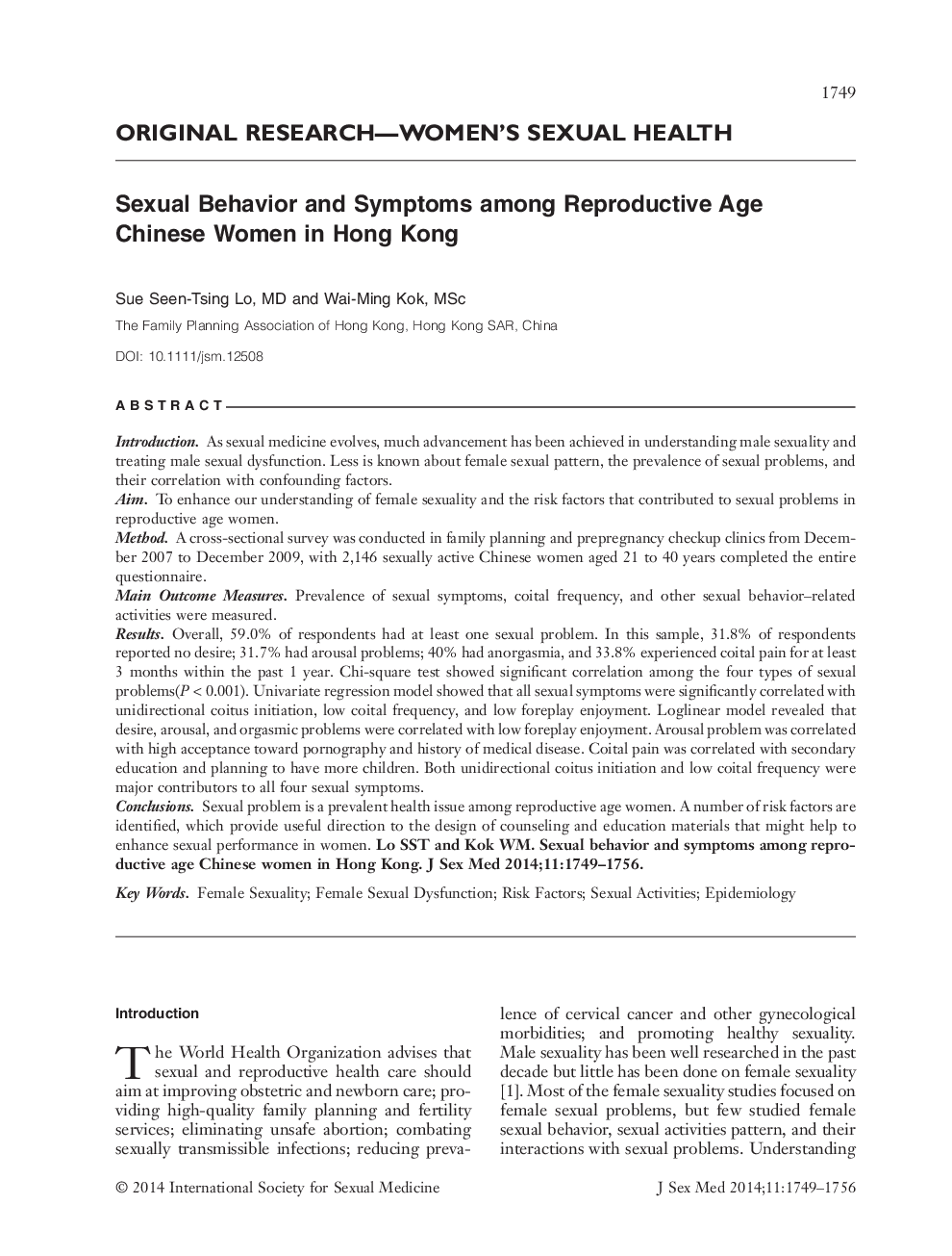 Sexual Behavior and Symptoms among Reproductive Age Chinese Women in Hong Kong 