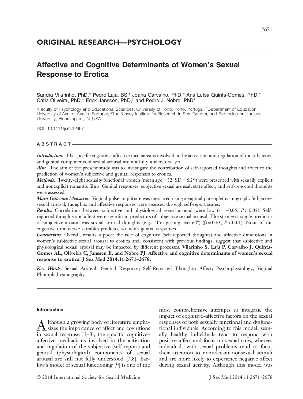 Affective and Cognitive Determinants of Women's Sexual Response to Erotica 